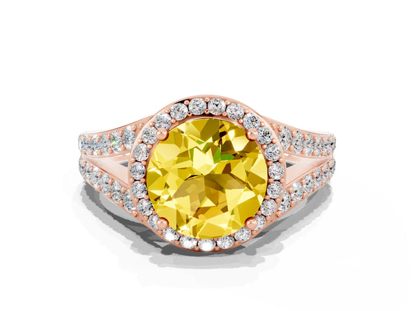 Rose gold Round Cut Yellow Sapphire Split Shank Halo Ring with Four-Prong Setting