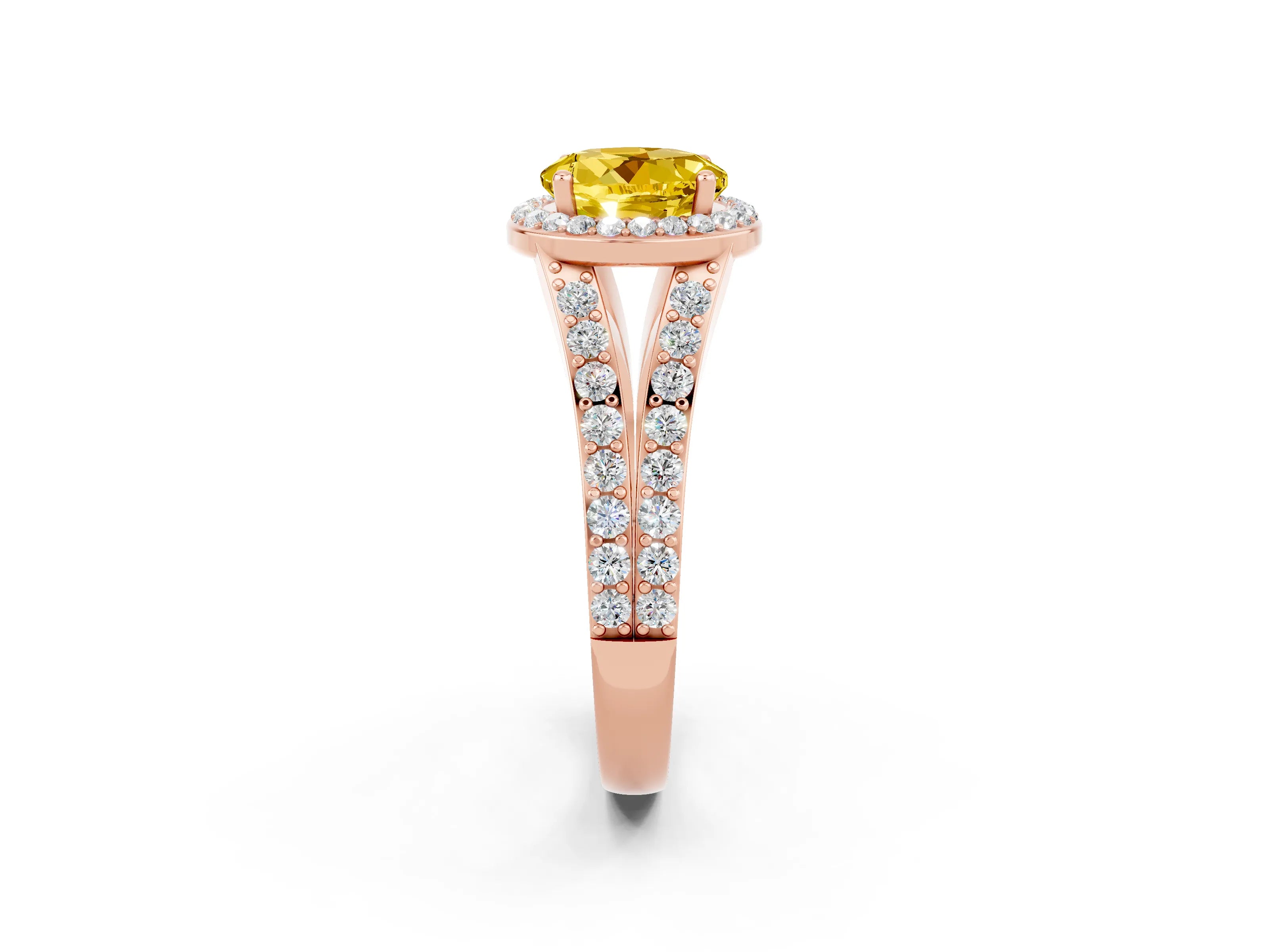 Rose gold Round Cut Yellow Sapphire Split Shank Halo Ring with Four-Prong Setting_14