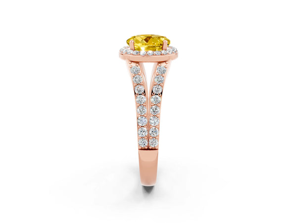 Rose gold Round Cut Yellow Sapphire Split Shank Halo Ring with Four-Prong Setting