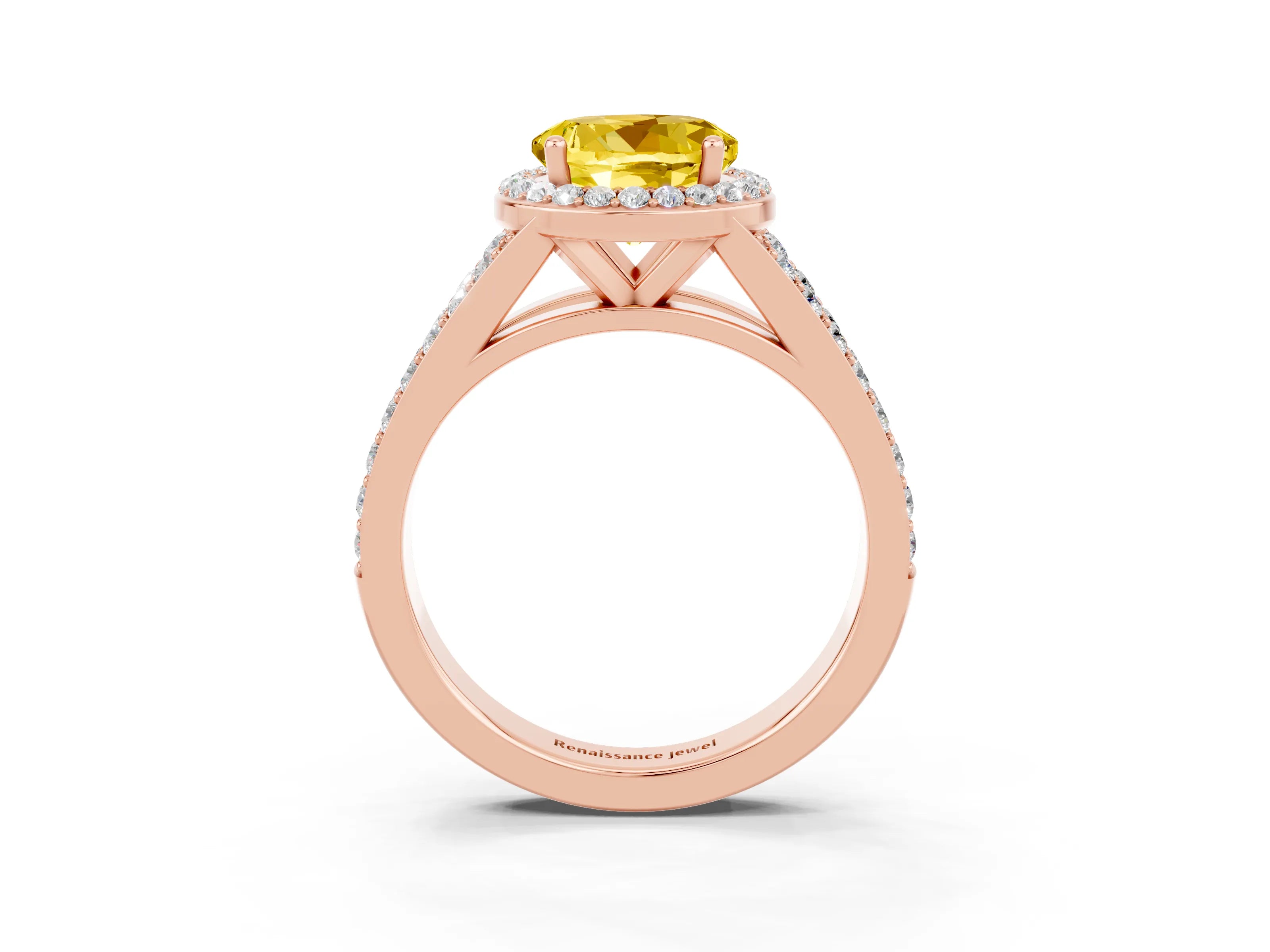 Rose gold Round Cut Yellow Sapphire Split Shank Halo Ring with Four-Prong Setting_15