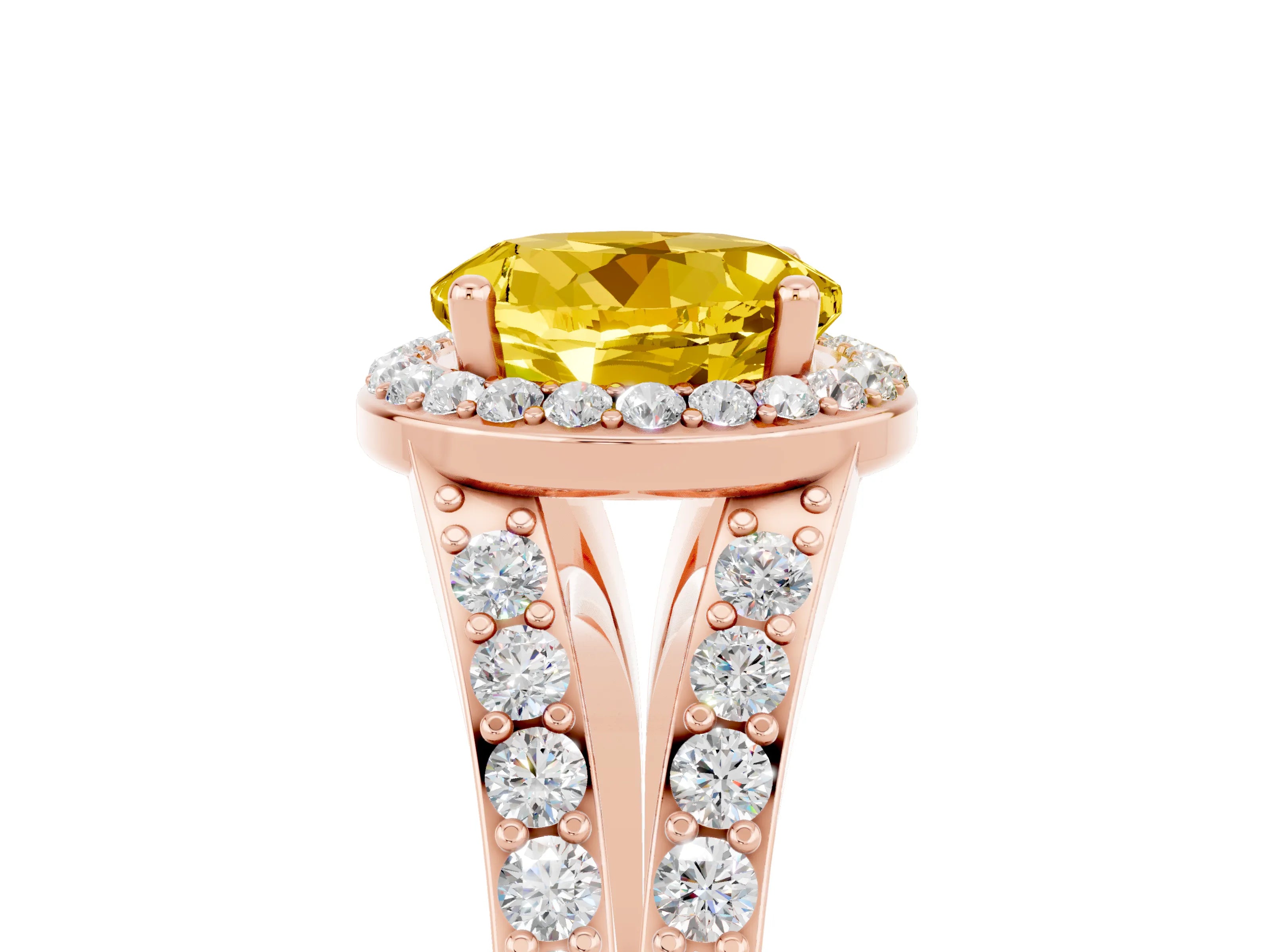 Rose gold Round Cut Yellow Sapphire Split Shank Halo Ring with Four-Prong Setting_17