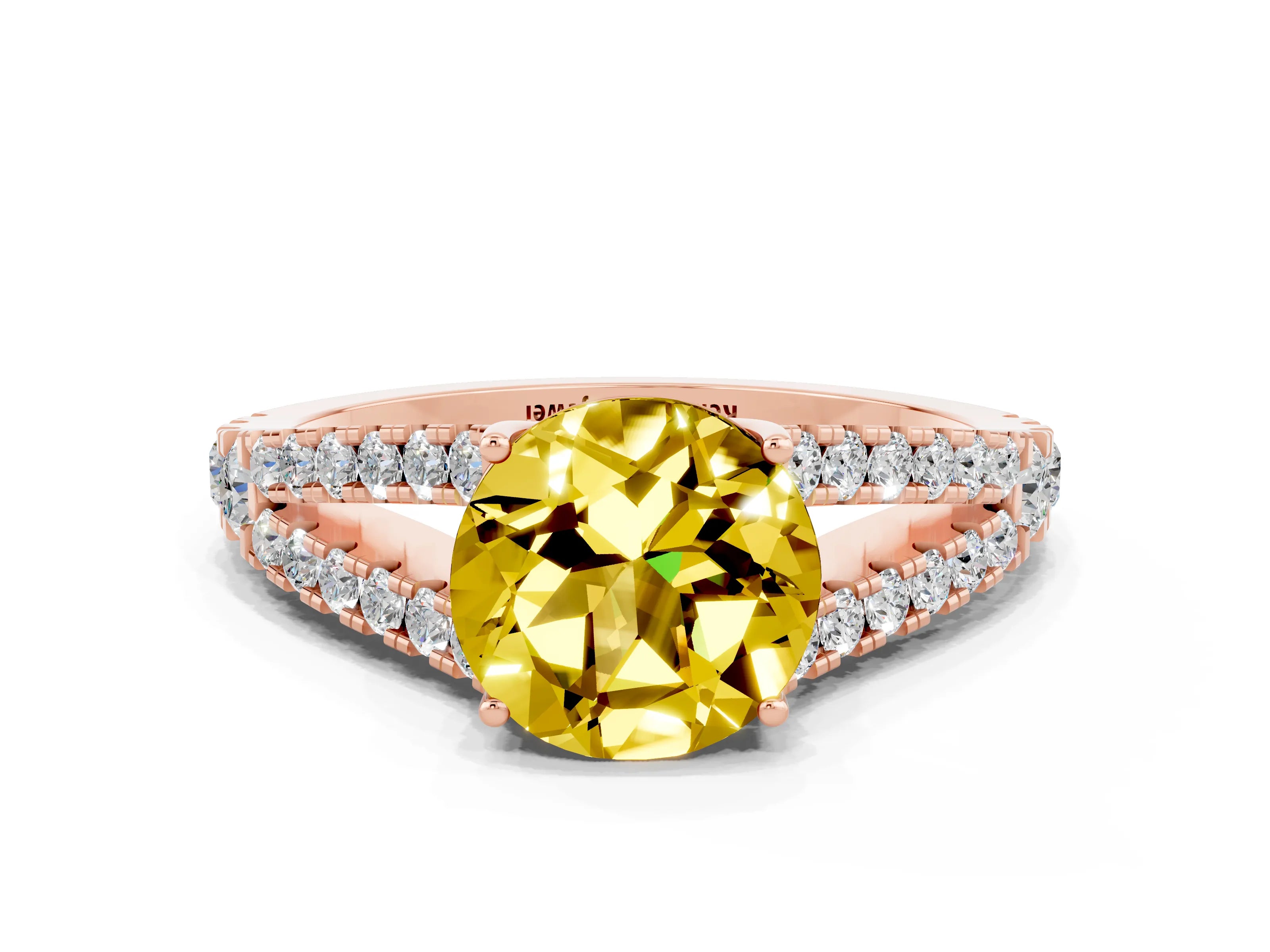 Rose gold Round Cut Yellow Sapphire Split Shank Pavé Engagement Ring with Four-Prong Setting_12