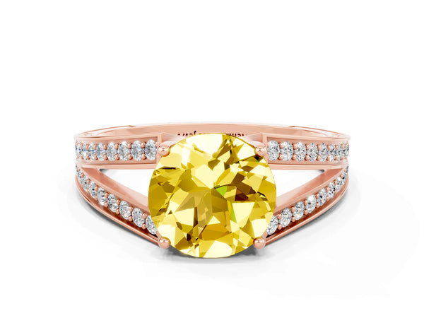 Rose gold Round Cut Yellow Sapphire Split Shank Ring with Pavé Band and Four-Prong Setting
