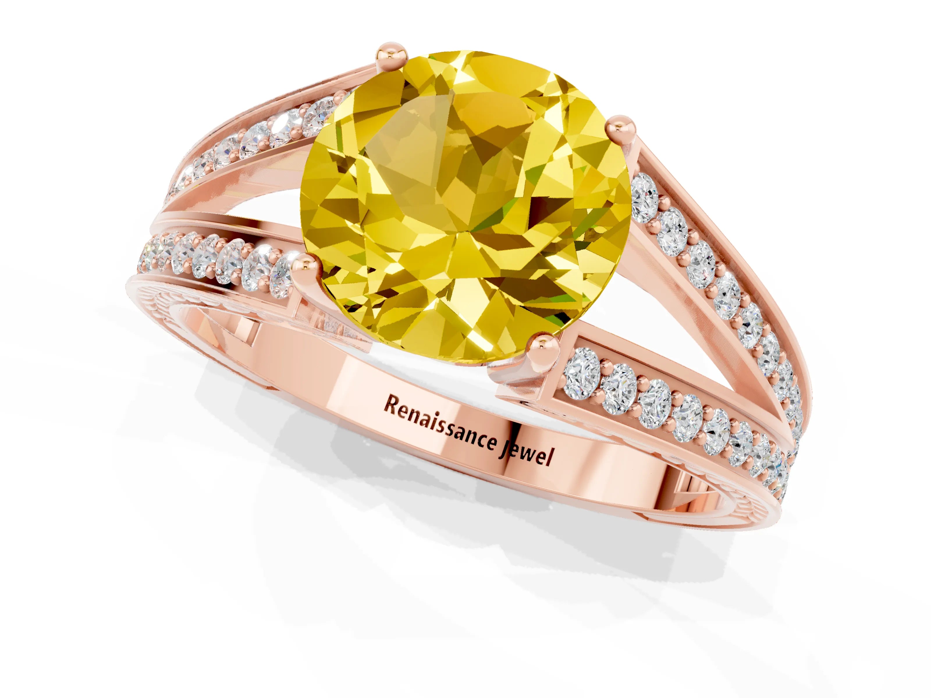 Rose gold Round Cut Yellow Sapphire Split Shank Ring with Pavé Band and Four-Prong Setting_1