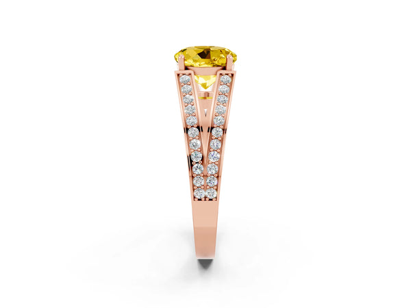 Rose gold Round Cut Yellow Sapphire Split Shank Ring with Pavé Band and Four-Prong Setting