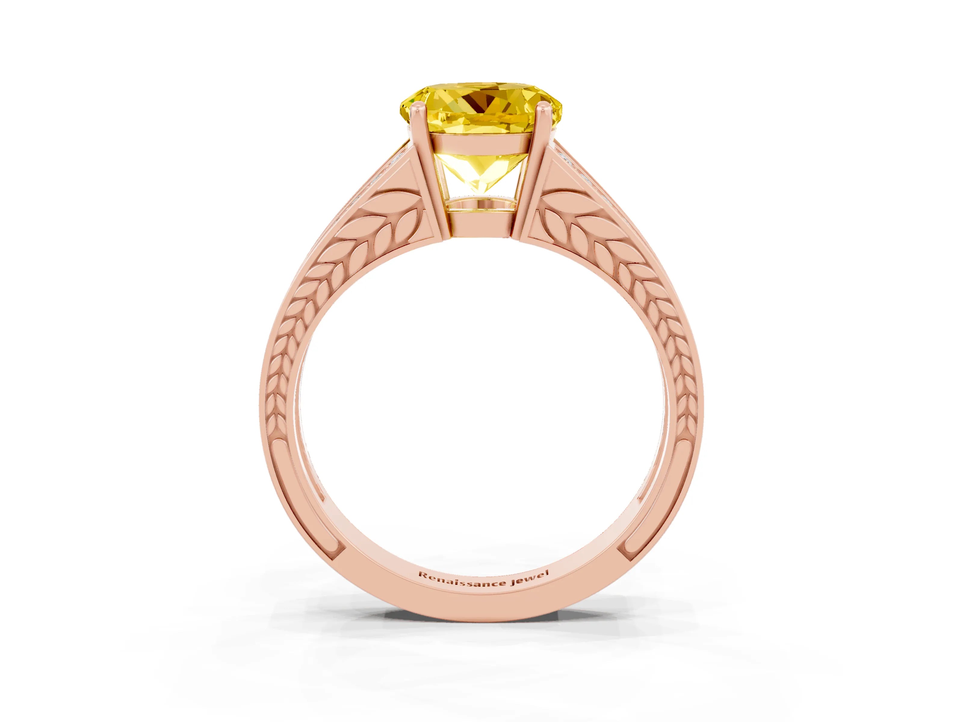 Rose gold Round Cut Yellow Sapphire Split Shank Ring with Pavé Band and Four-Prong Setting_3