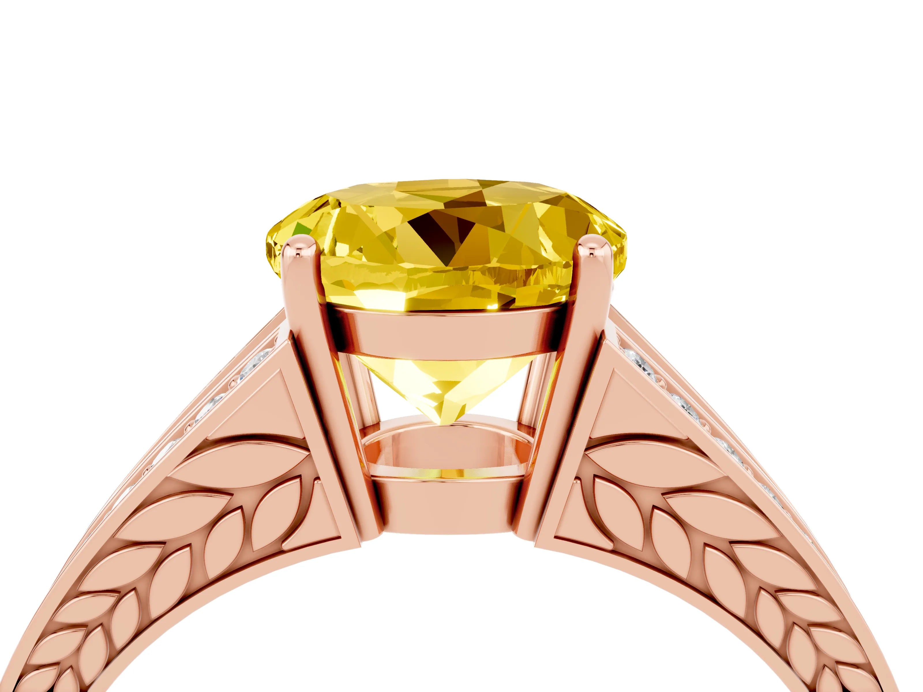 Rose gold Round Cut Yellow Sapphire Split Shank Ring with Pavé Band and Four-Prong Setting_4