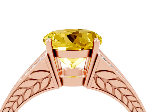 Rose gold Round Cut Yellow Sapphire Split Shank Ring with Pavé Band and Four-Prong Setting_4