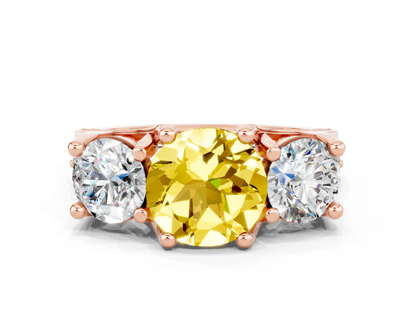 Rose gold Round Cut Yellow Sapphire Three-Stone Ring with Channel Set Band and Four-Prong Setting