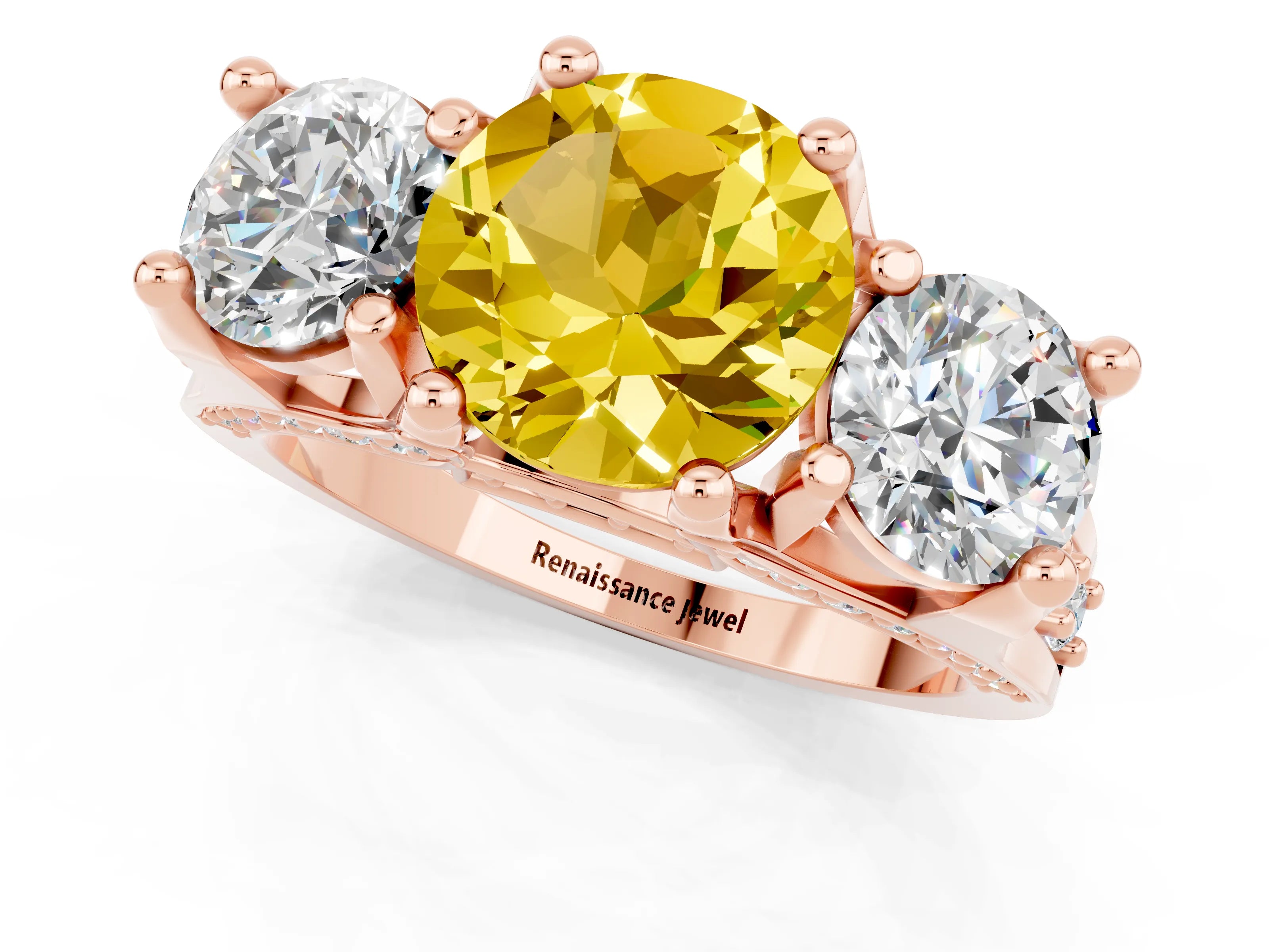 Rose gold Round Cut Yellow Sapphire Three-Stone Ring with Channel Set Band and Four-Prong Setting_1