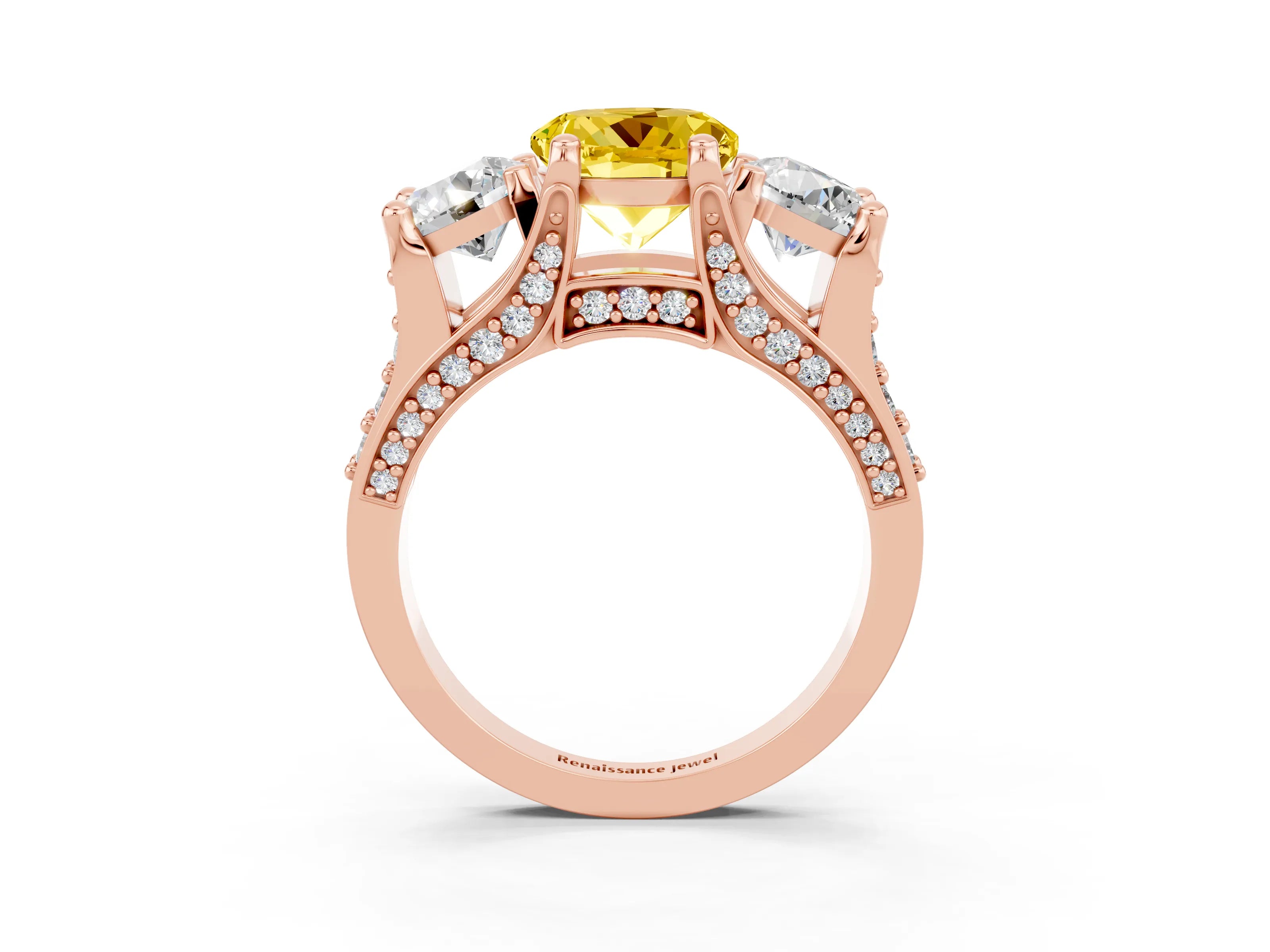 Rose gold Round Cut Yellow Sapphire Three-Stone Ring with Channel Set Band and Four-Prong Setting_3