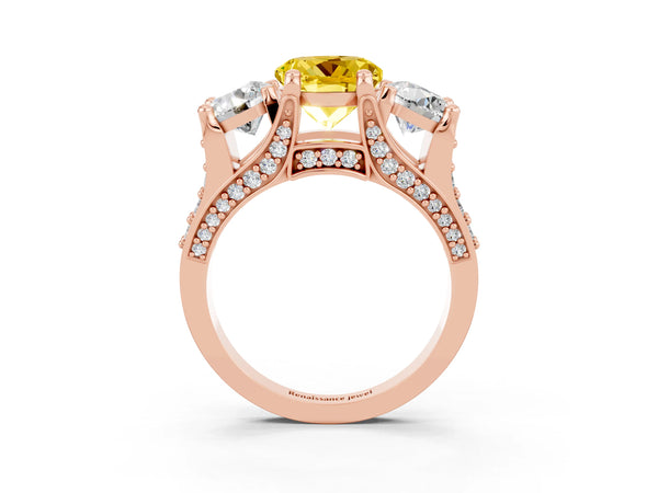 Rose gold Round Cut Yellow Sapphire Three-Stone Ring with Channel Set Band and Four-Prong Setting