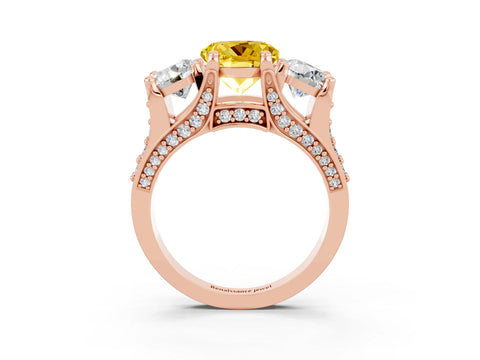 Rose gold Round Cut Yellow Sapphire Three-Stone Ring with Channel Set Band and Four-Prong Setting_3