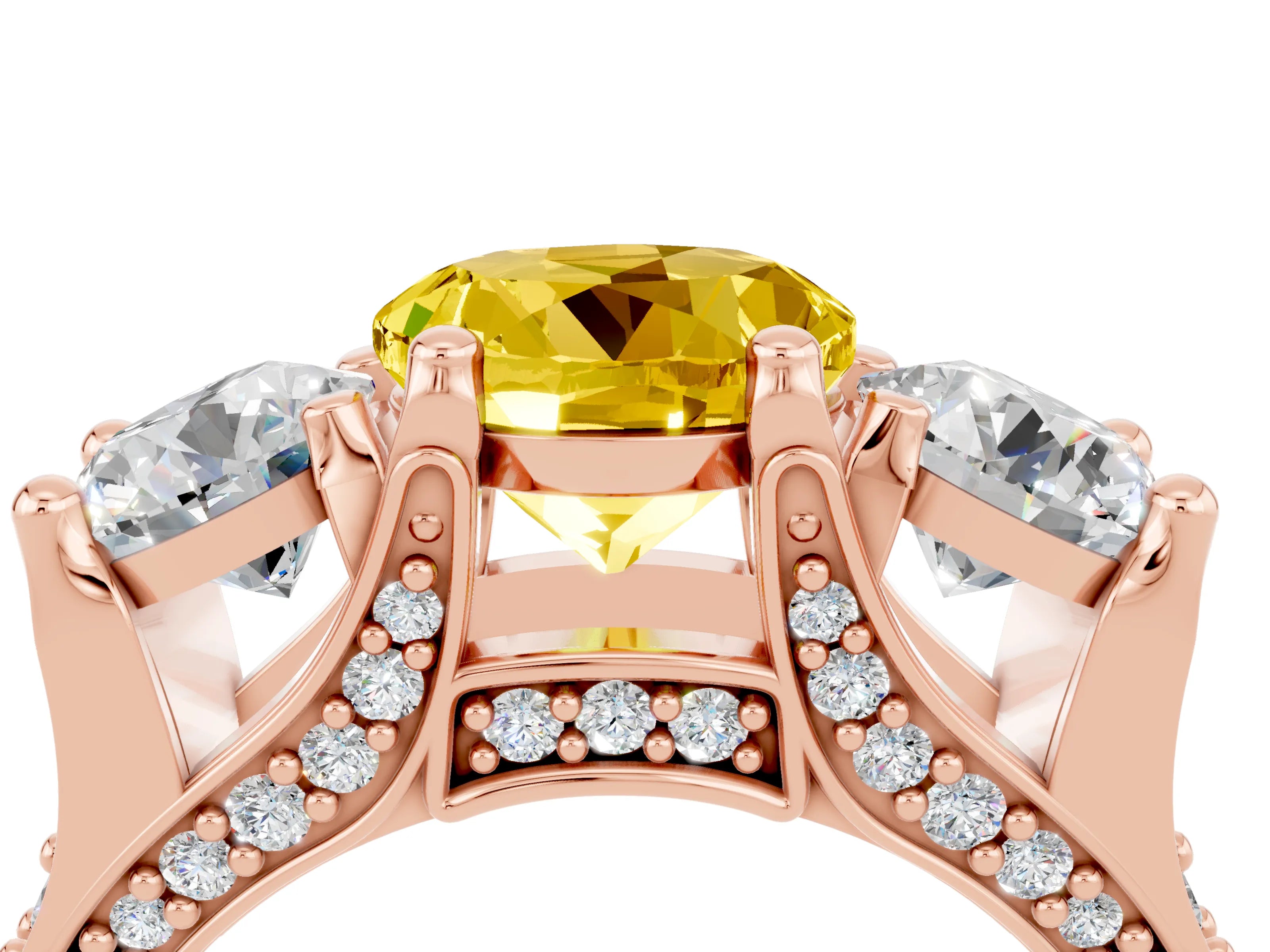 Rose gold Round Cut Yellow Sapphire Three-Stone Ring with Channel Set Band and Four-Prong Setting_4