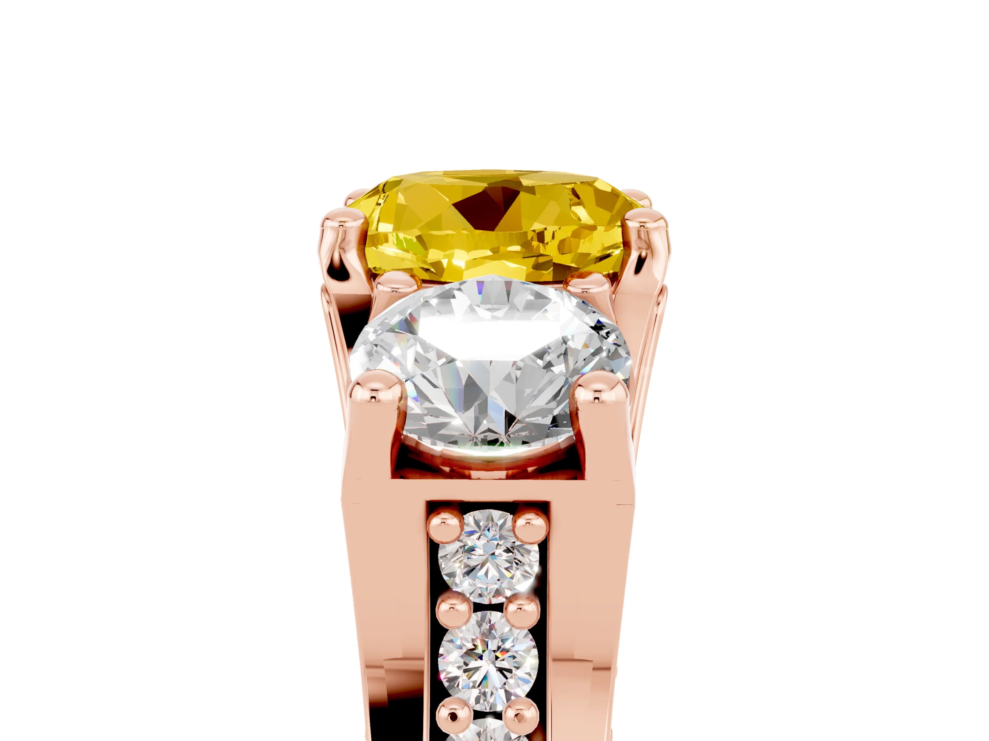 Rose gold Round Cut Yellow Sapphire Three-Stone Ring with Channel Set Band and Four-Prong Setting_5
