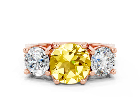 Rose gold Round Cut Yellow Sapphire Three-Stone Ring with Channel Set Band and Four-Prong Setting