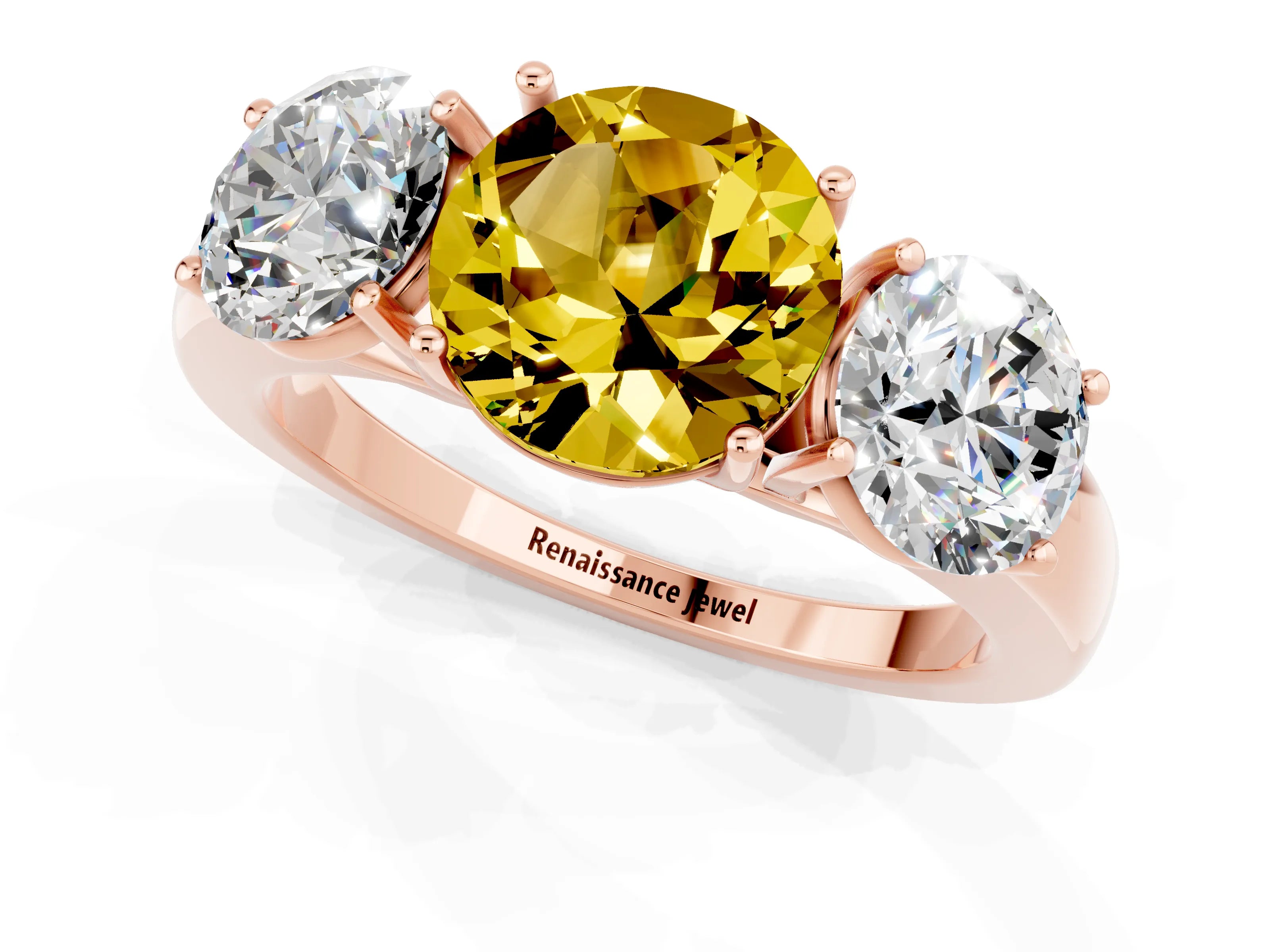 Rose gold Round Cut Yellow Sapphire Three-Stone Ring with Four-Prong Setting and Classic Band_1