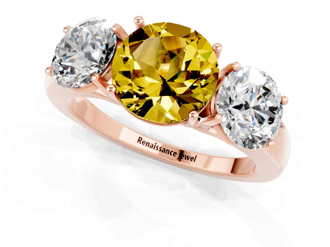 Rose gold Round Cut Yellow Sapphire Three-Stone Ring with Four-Prong Setting and Classic Band_1