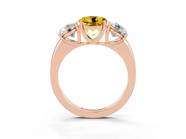Rose gold Round Cut Yellow Sapphire Three-Stone Ring with Four-Prong Setting and Classic Band