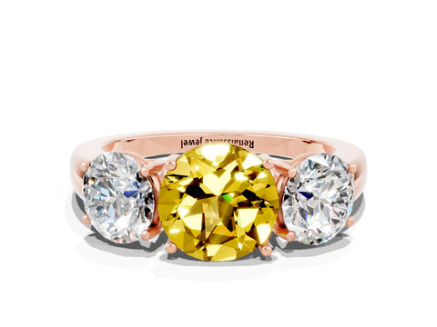 Rose gold Round Cut Yellow Sapphire Three-Stone Ring with Four-Prong Setting and Classic Band