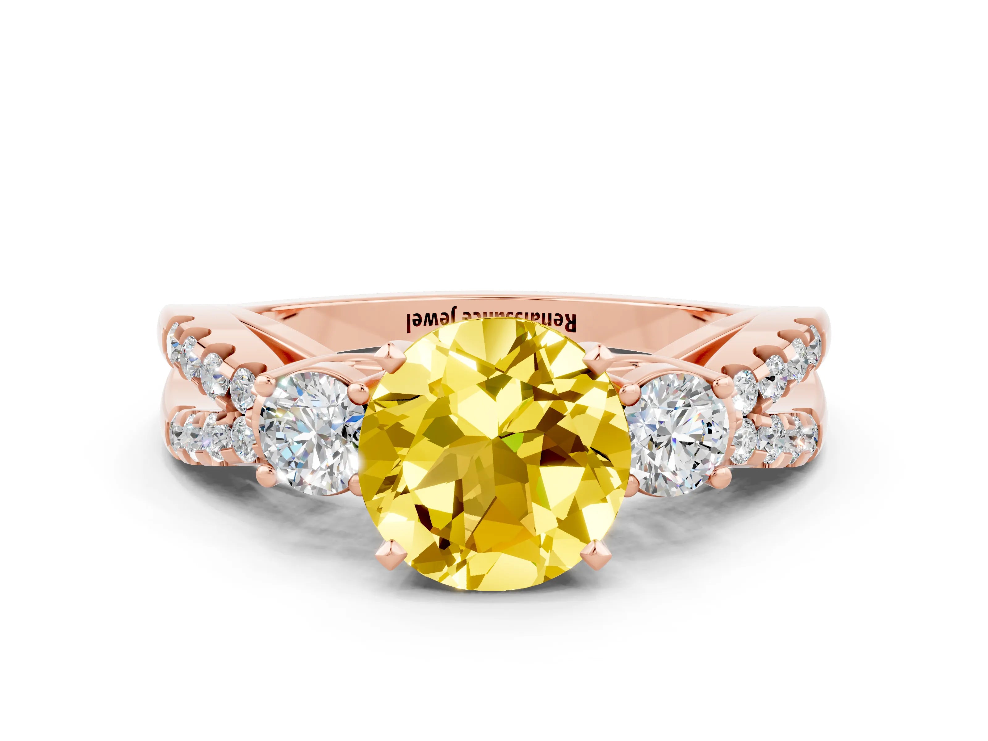 Rose gold Round Cut Yellow Sapphire Three-Stone Ring with Pavé Split Shank and Four-Prong Setting_24