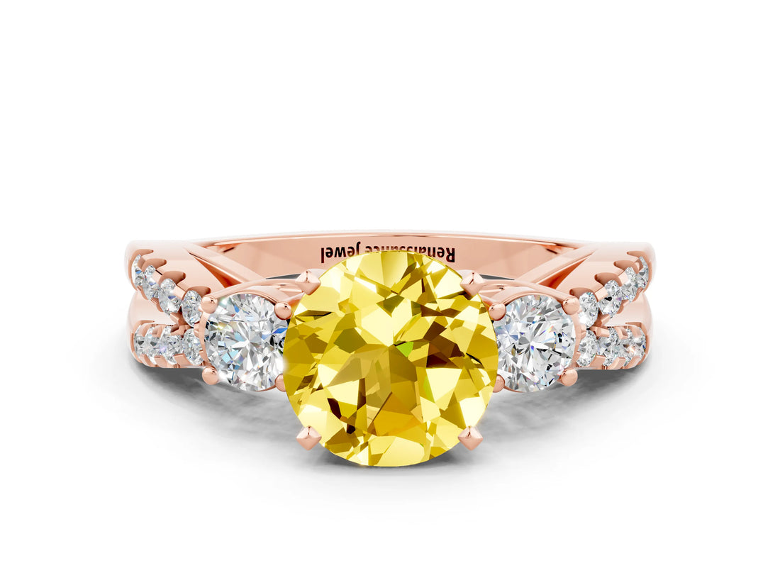 Rose gold Round Cut Yellow Sapphire Three-Stone Ring with Pavé Split Shank and Four-Prong Setting_24