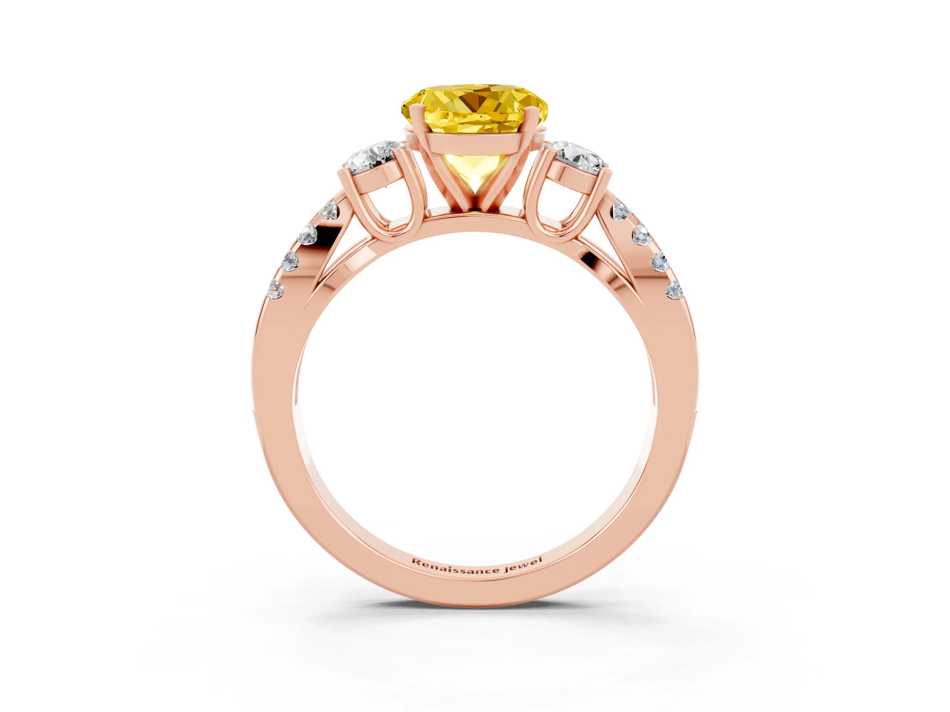 Rose gold Round Cut Yellow Sapphire Three-Stone Ring with Pavé Split Shank and Four-Prong Setting_27