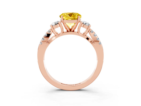 Rose gold Round Cut Yellow Sapphire Three-Stone Ring with Pavé Split Shank and Four-Prong Setting
