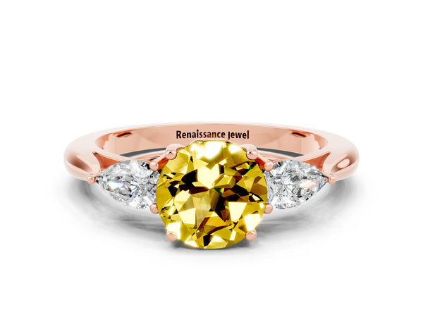 Rose gold Round Cut Yellow Sapphire Three-Stone Ring with Pear  Side Stones and Prong Setting