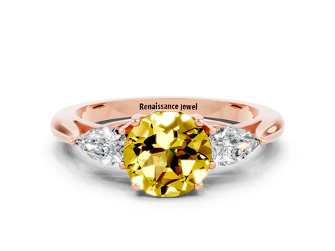 Rose gold Round Cut Yellow Sapphire Three-Stone Ring with Pear Side Stones and Four-Prong Setting_12