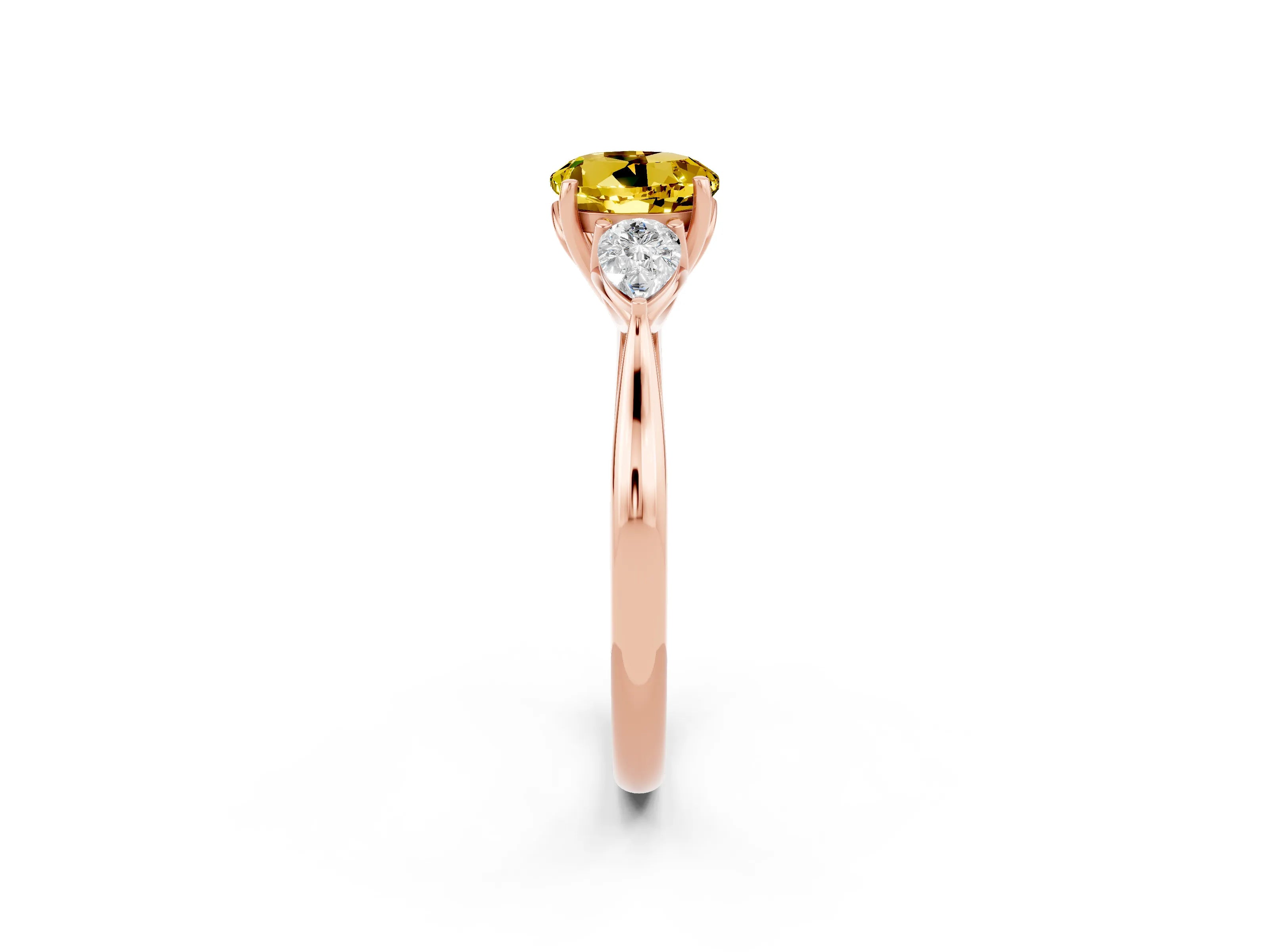 Rose gold Round Cut Yellow Sapphire Three-Stone Ring with Pear Side Stones and Four-Prong Setting_14