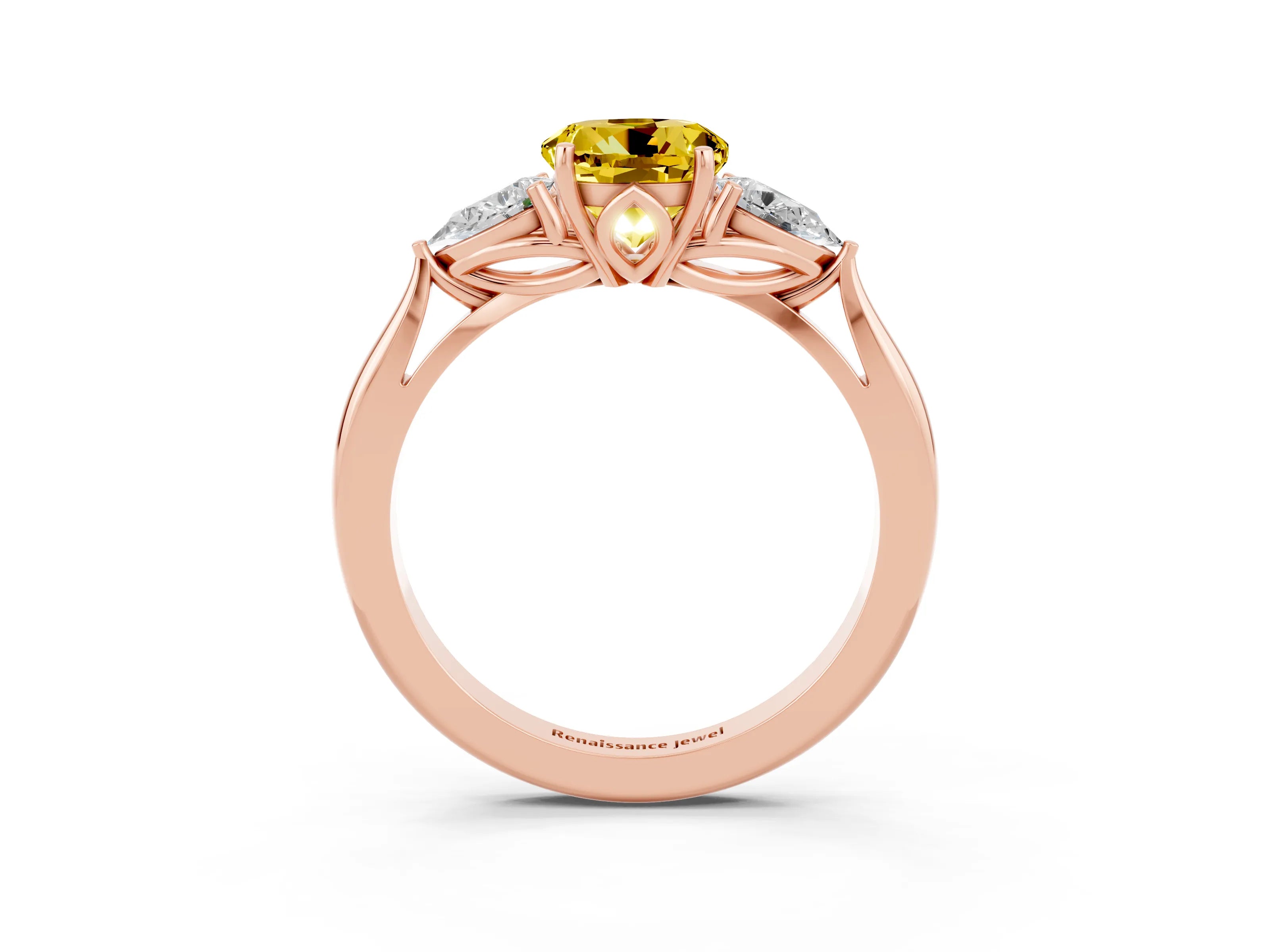 Rose gold Round Cut Yellow Sapphire Three-Stone Ring with Pear Side Stones and Four-Prong Setting_15