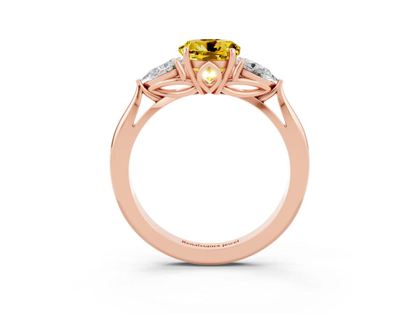 Rose gold Round Cut Yellow Sapphire Three-Stone Ring with Pear  Side Stones and Prong Setting