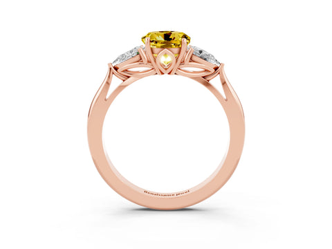 Rose gold Round Cut Yellow Sapphire Three-Stone Ring with Pear Side Stones and Four-Prong Setting_15