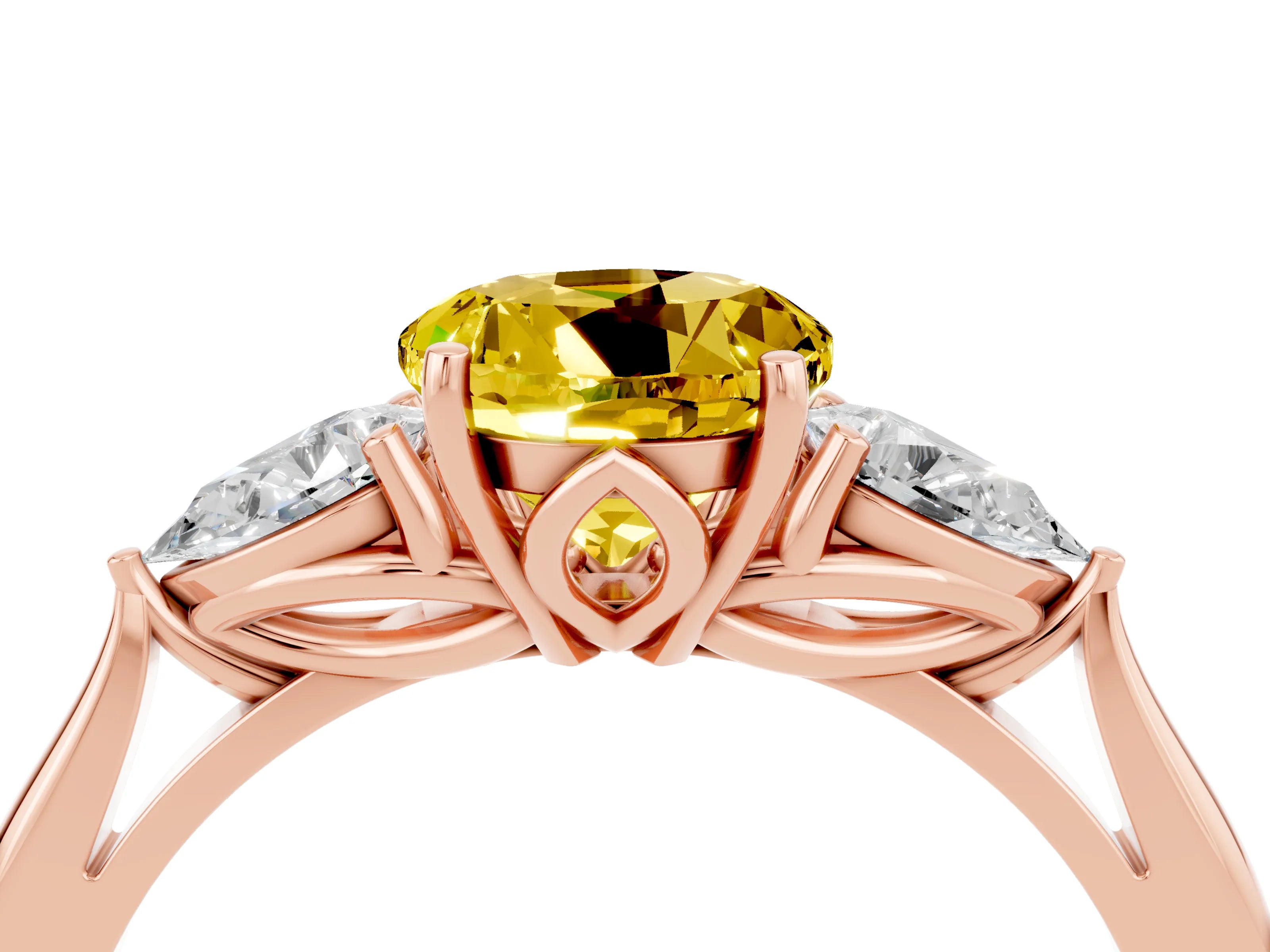 Rose gold Round Cut Yellow Sapphire Three-Stone Ring with Pear Side Stones and Four-Prong Setting_16