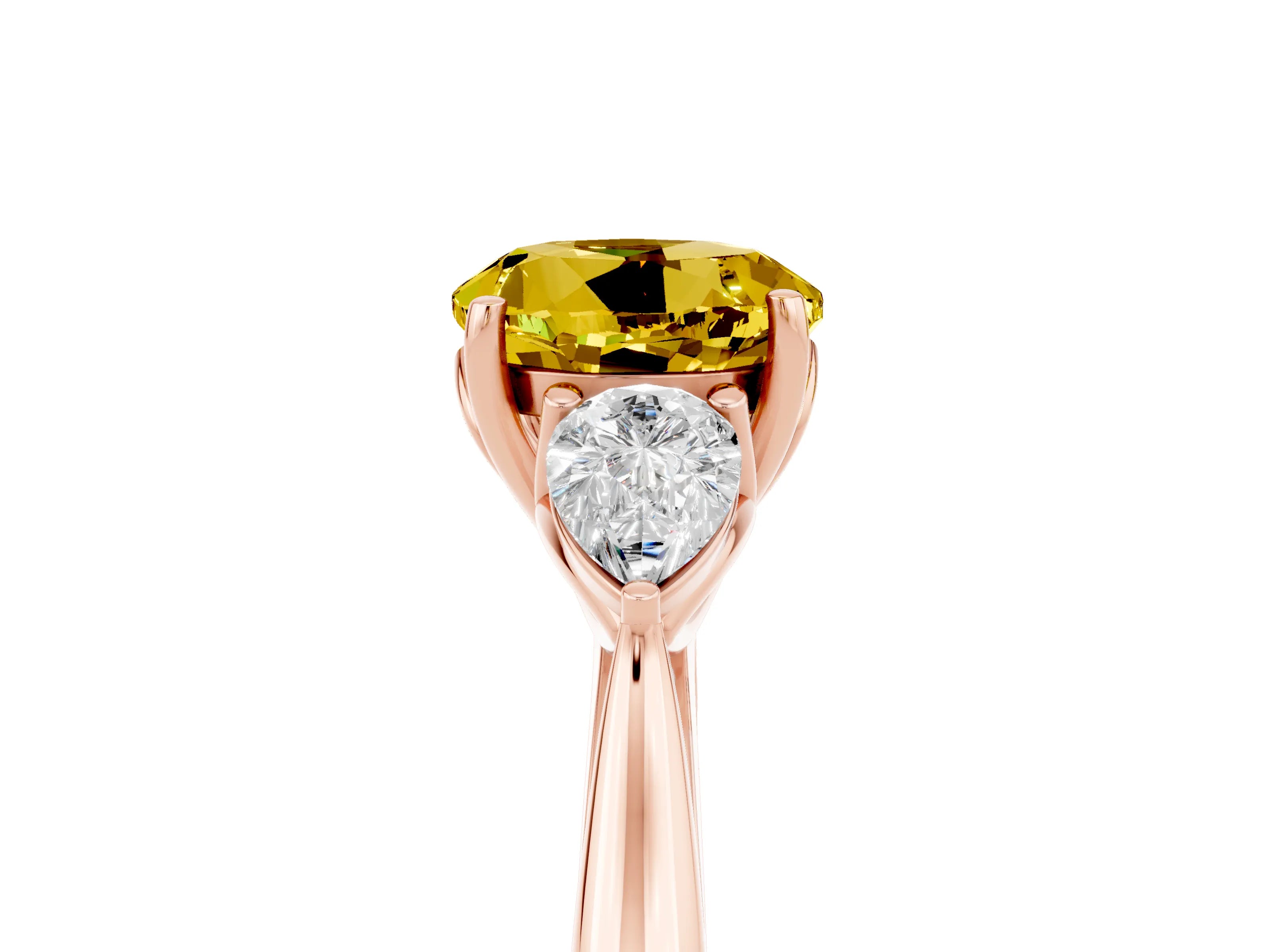 Rose gold Round Cut Yellow Sapphire Three-Stone Ring with Pear Side Stones and Four-Prong Setting_17