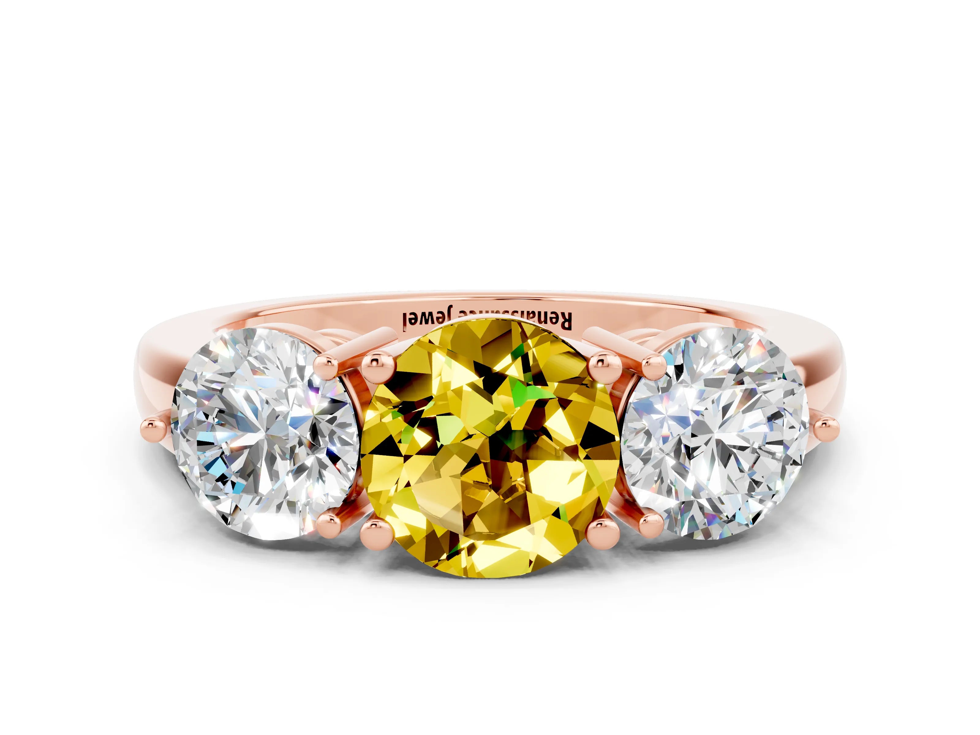 Rose gold Round Cut Yellow Sapphire Three-Stone Ring with Prong Setting and Classic Band
