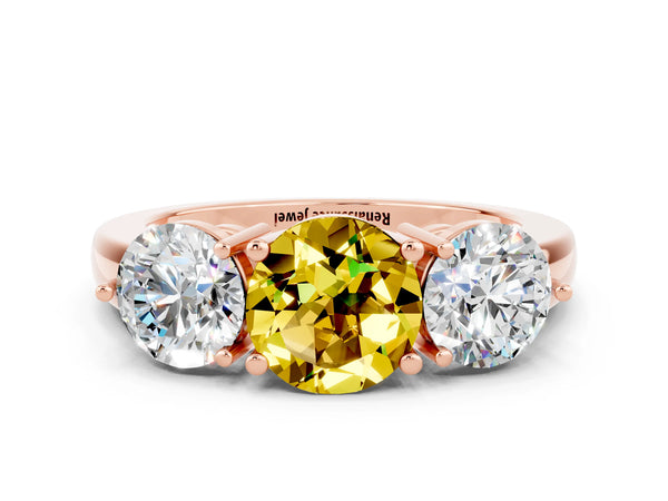 Rose gold Round Cut Yellow Sapphire Three-Stone Ring with Prong Setting and Classic Band