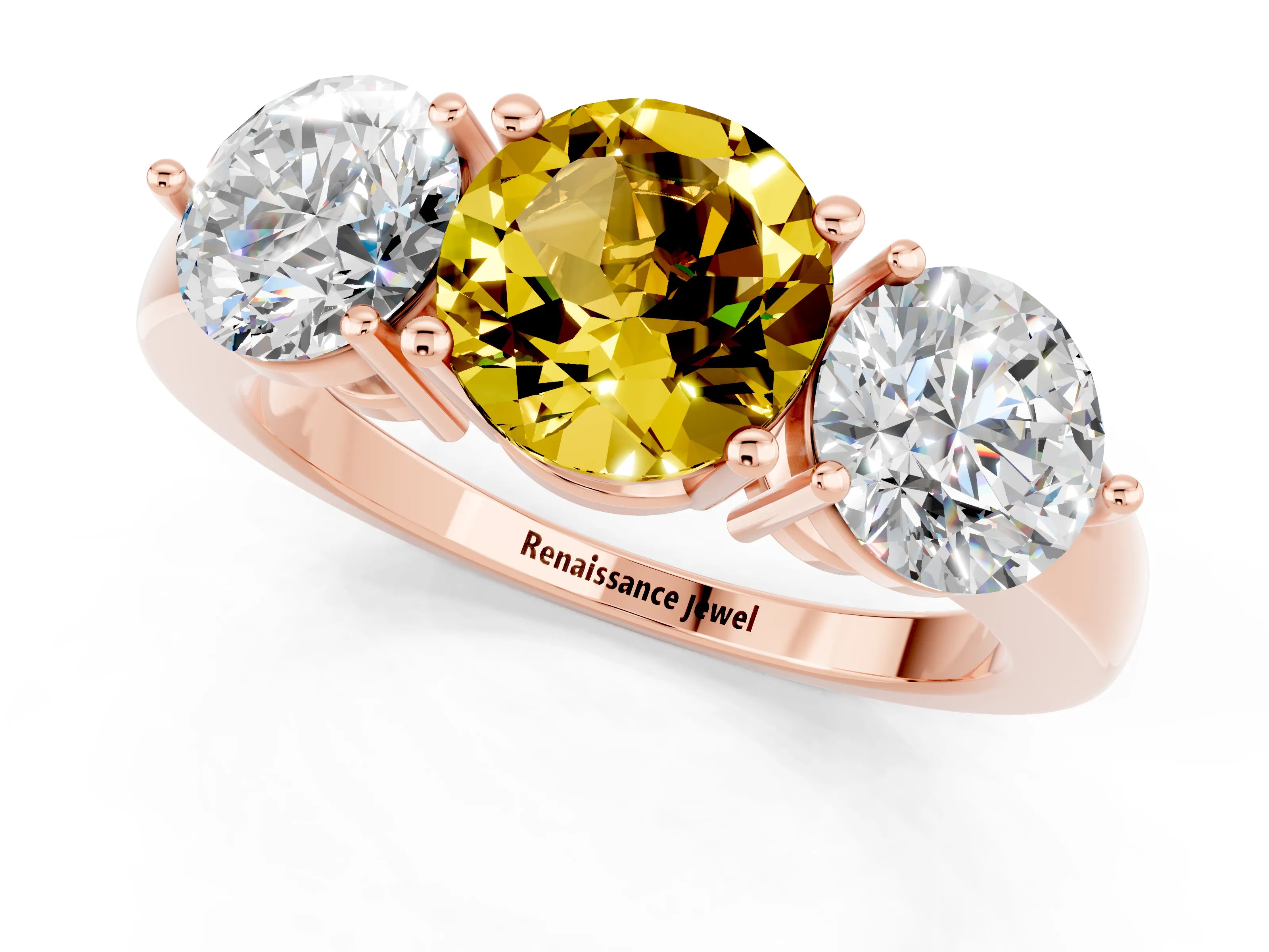 Rose gold Round Cut Yellow Sapphire Three-Stone Ring with Prong Setting and Classic Band_1