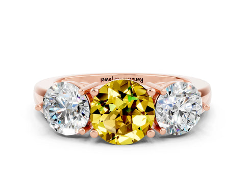 Rose gold Round Cut Yellow Sapphire Three-Stone Ring with Prong Setting and Classic Band