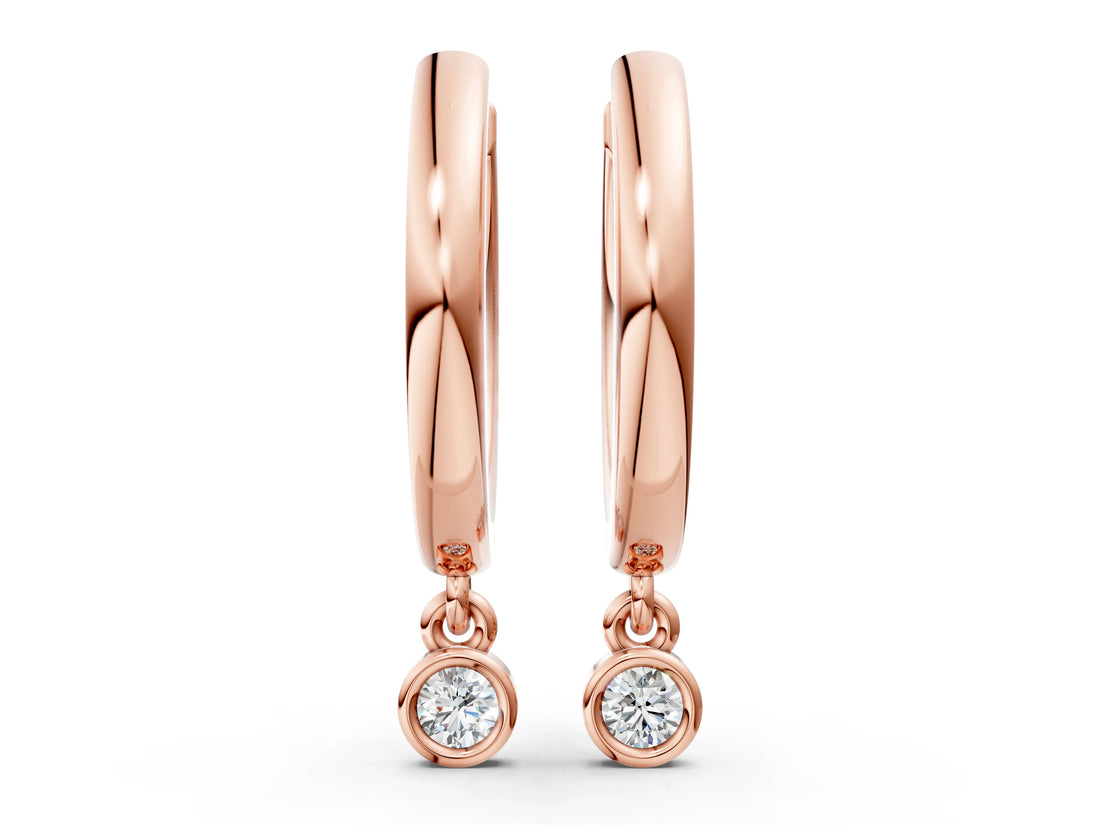 Rose gold Round Diamond Bezel Drop Huggie Hoop Earrings_8