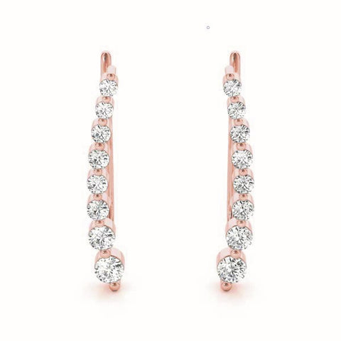 Rose gold Round Diamond Climber Earrings with Prong Setting on Curved Band