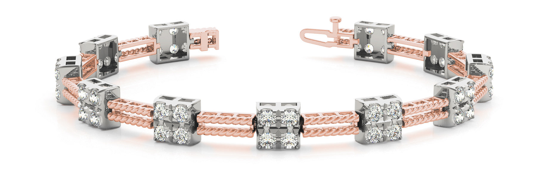Rose gold Round Diamond Cluster Box-Link Bracelet with Rope Band and Four-Prong Setting