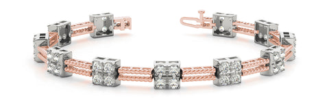 Rose gold Round Diamond Cluster Box-Link Bracelet with Rope Band and Four-Prong Setting