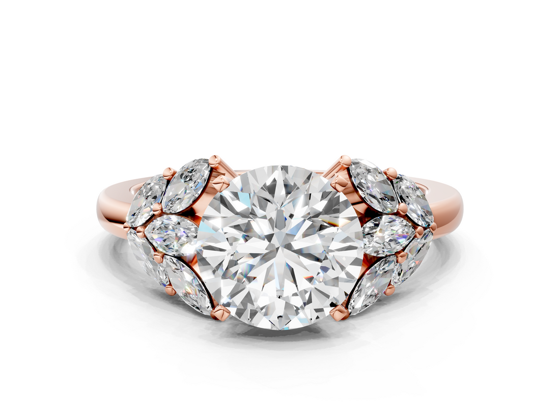 Rose gold Round Diamond Cluster Leaf Design Ring with Prong Setting_56