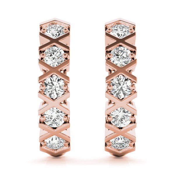 Rose gold Round Diamond Criss-Cross Prong Hoop Earrings 1