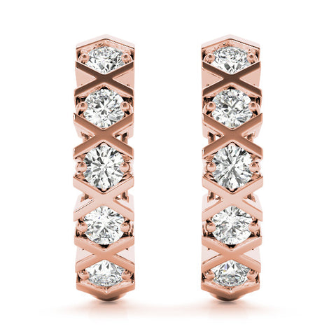 Rose gold Round Diamond Criss-Cross Prong Hoop Earrings 1