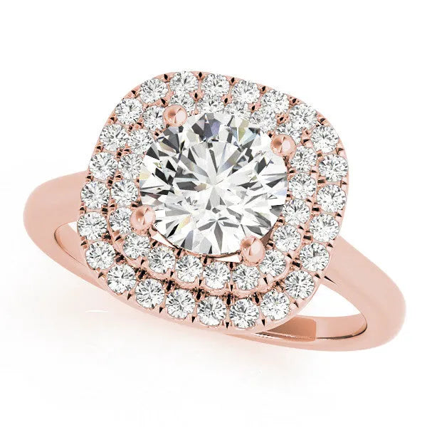 Rose gold Round Diamond Double Halo Ring with Four-Prong Setting and Pavé Band