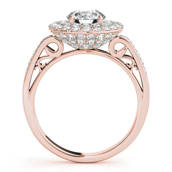 Rose gold Round Diamond Double Halo Ring with Pavé Band and Four-Prong Setting