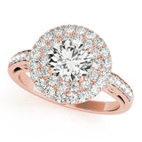 Rose gold Round Diamond Double Halo Ring with Pavé Band and Four-Prong Setting